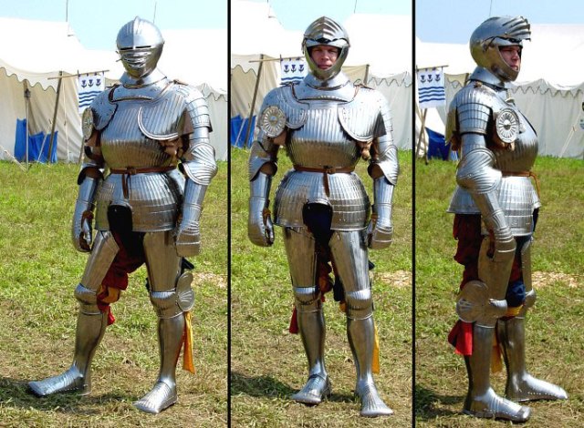 Here is what some knights wore, Maxamillian armor.  It's lighter weight than other plate armor but just as strong due to the fluting; the ridged surfaces.  